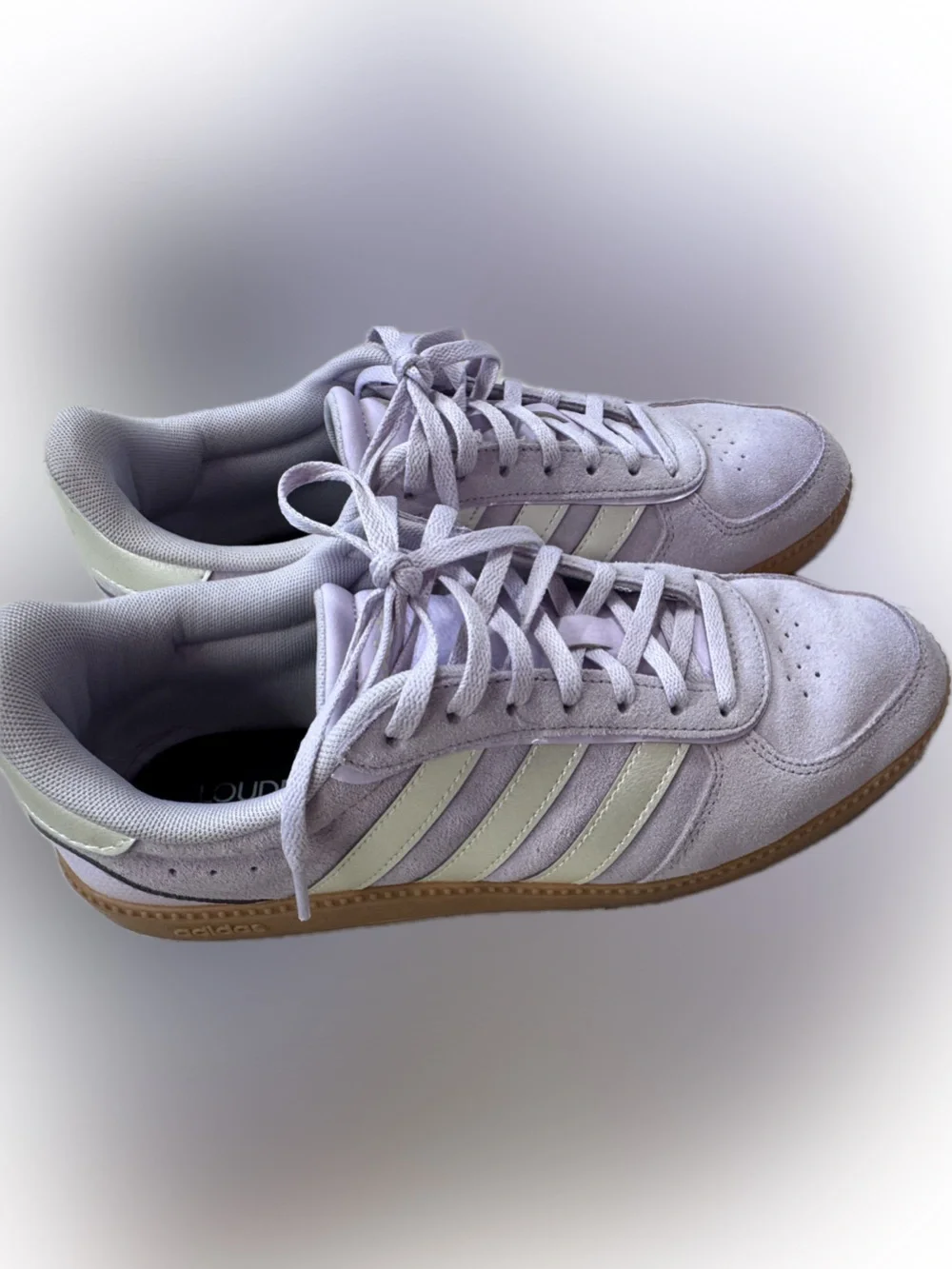 adidas Women’s Lavender Suede Sneakers with Cream Stripes and Gum Sole
